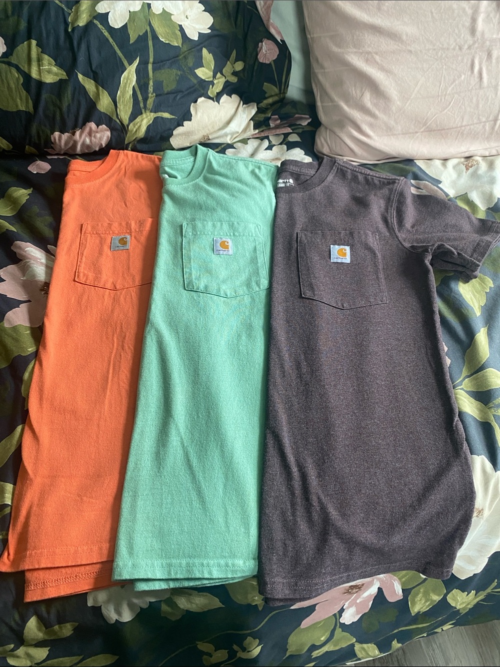 Carhartt Short Sleeve Pocket Tees in Orange, Mint, Heather Purple